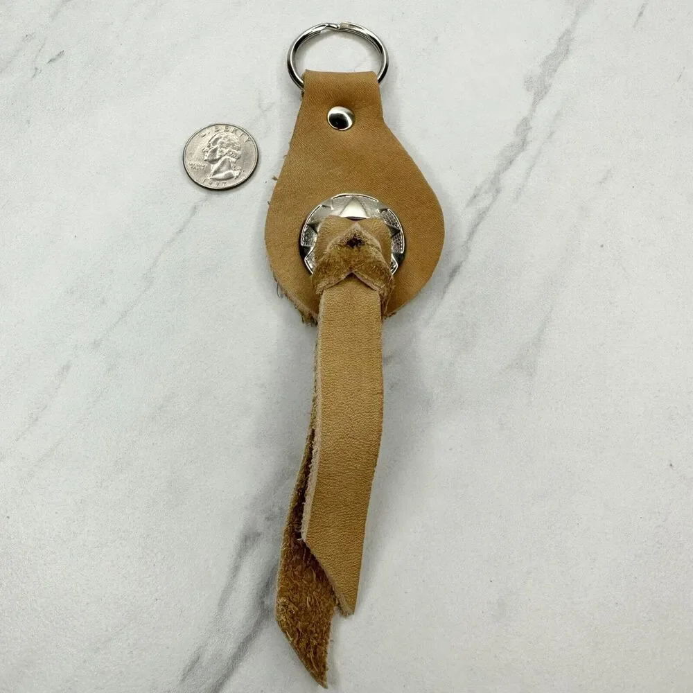 Soft Brown Leather Fringe Western Concho Boho Keychain Keyring
